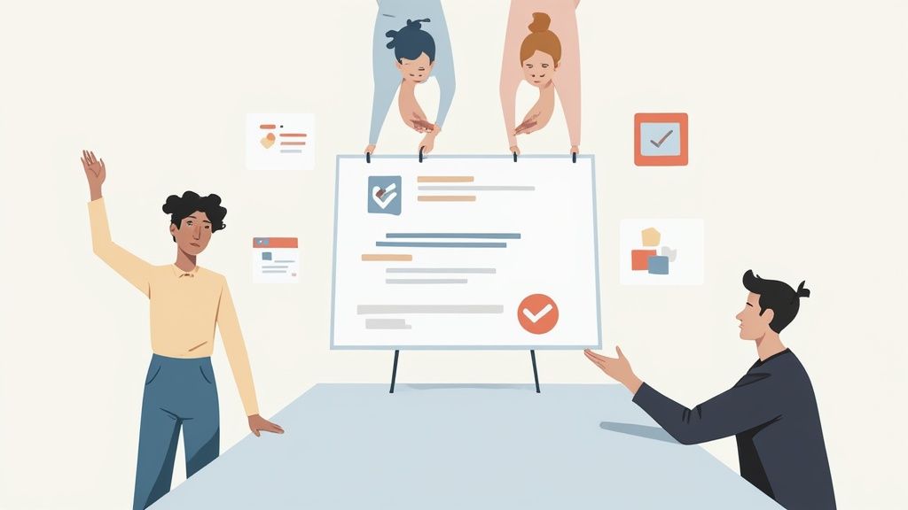 Several project managers reviewing complex charts and data on a large screen in a modern office.