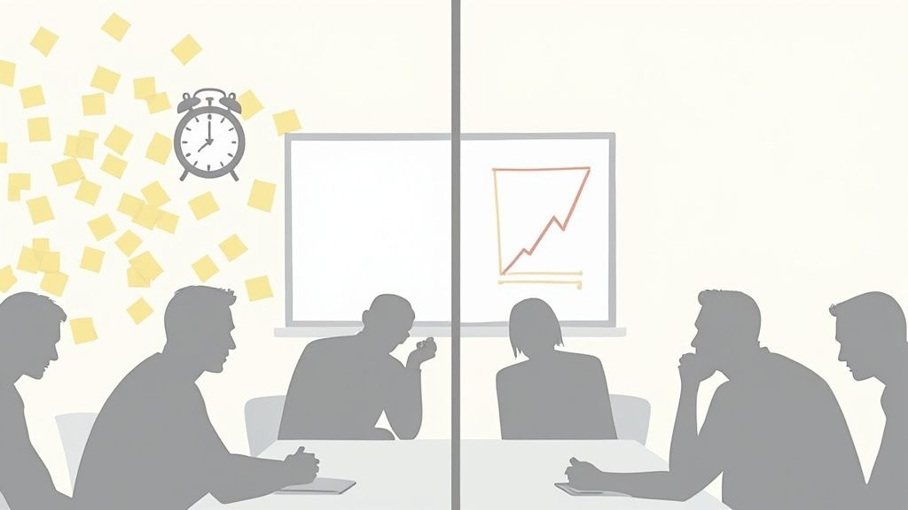 A team collaborating in a well-structured project meeting, indicating clarity and progress.